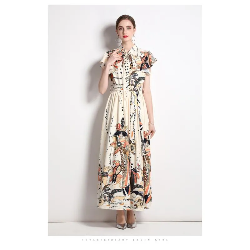 Collar Sleeveless Tie-Up Long Style Retro Print A-Line Design Dress