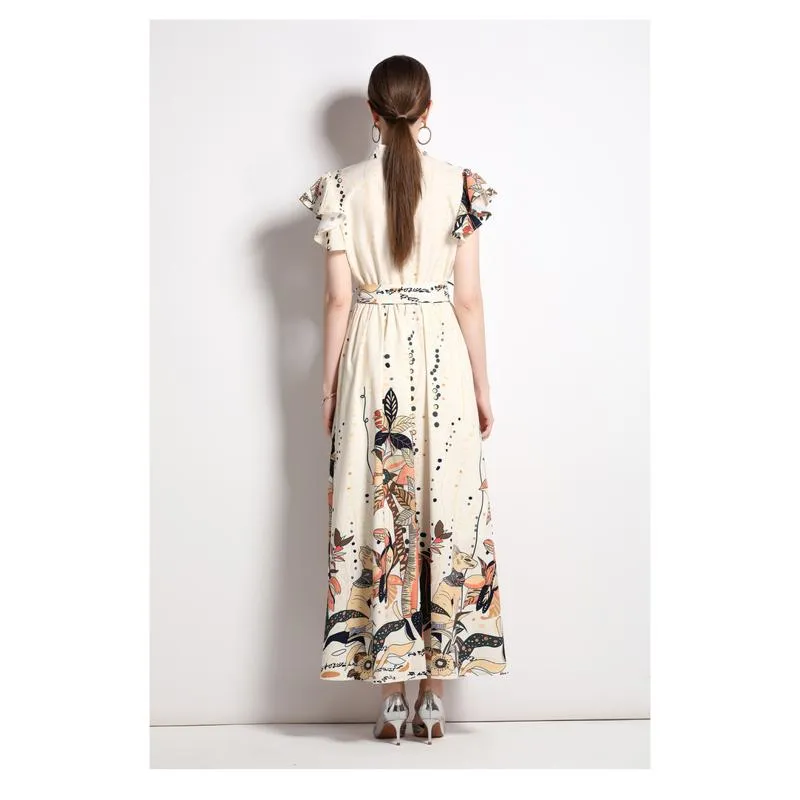 Collar Sleeveless Tie-Up Long Style Retro Print A-Line Design Dress