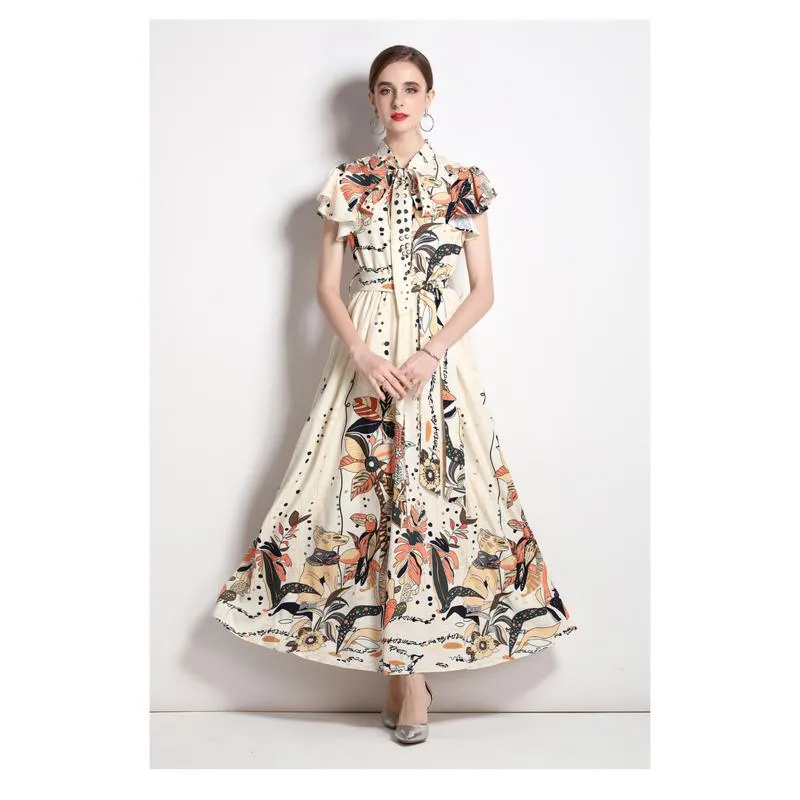 Collar Sleeveless Tie-Up Long Style Retro Print A-Line Design Dress