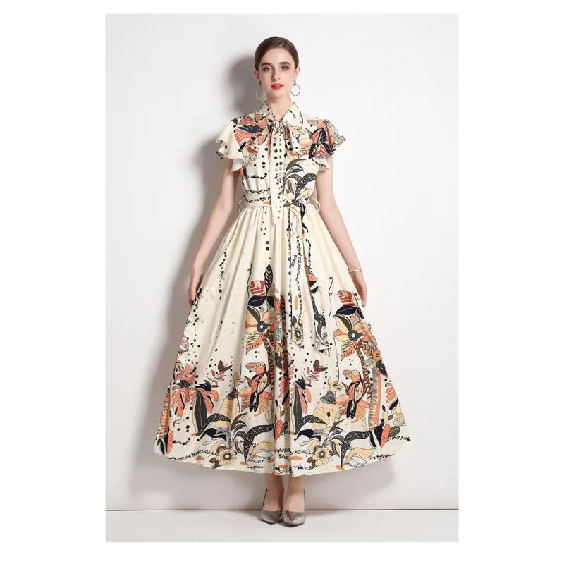 Collar Sleeveless Tie-Up Long Style Retro Print A-Line Design Dress