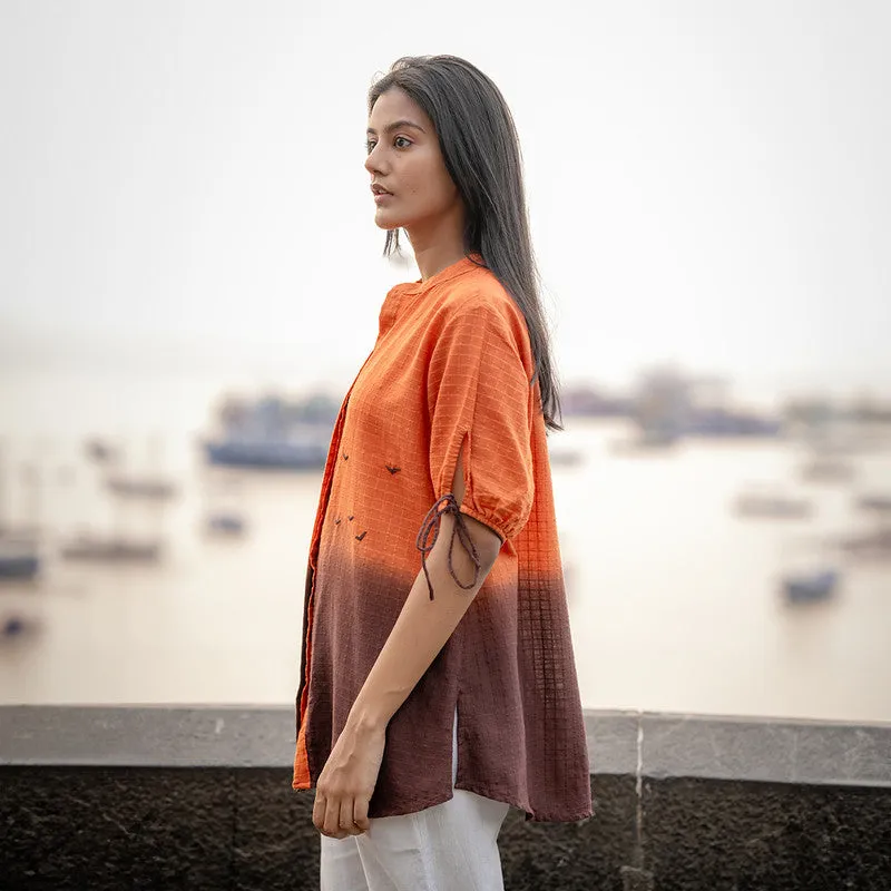 Cotton Ombre Shirt for Women | Orange | Hand Embroidered