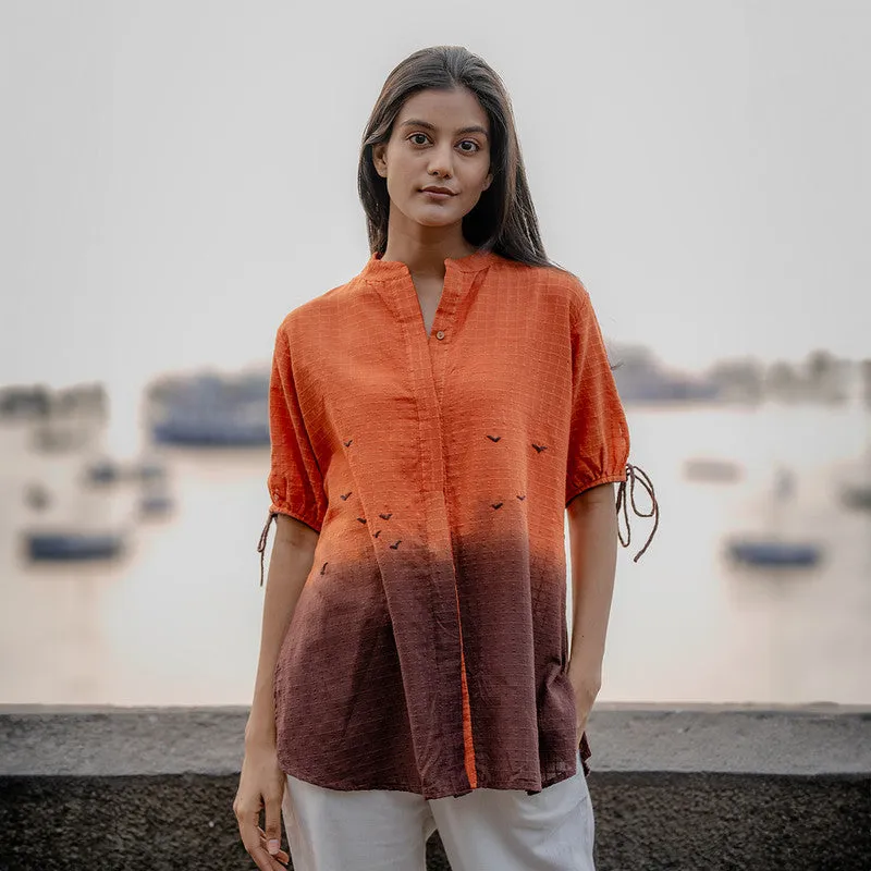 Cotton Ombre Shirt for Women | Orange | Hand Embroidered