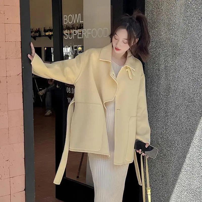 Cropped Yellow Soft Loose Fit Wrap Coat