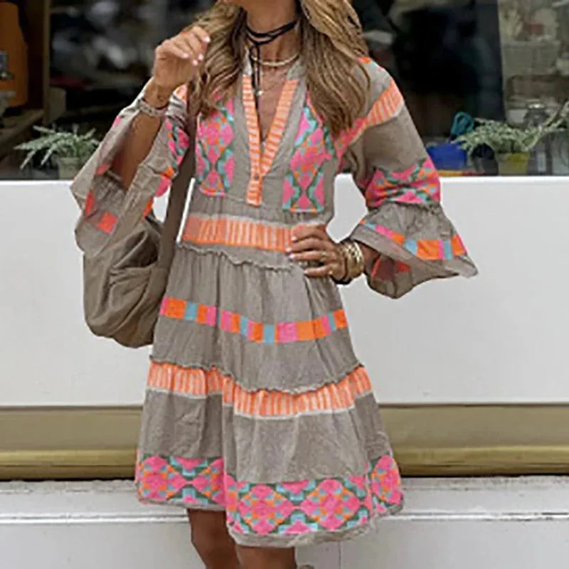 Deep V Pattern Printed Party Casual Flare Sleeves High Waist A-line Ladies Elegant Ruffle Pleats Short Summer Sexy Dress