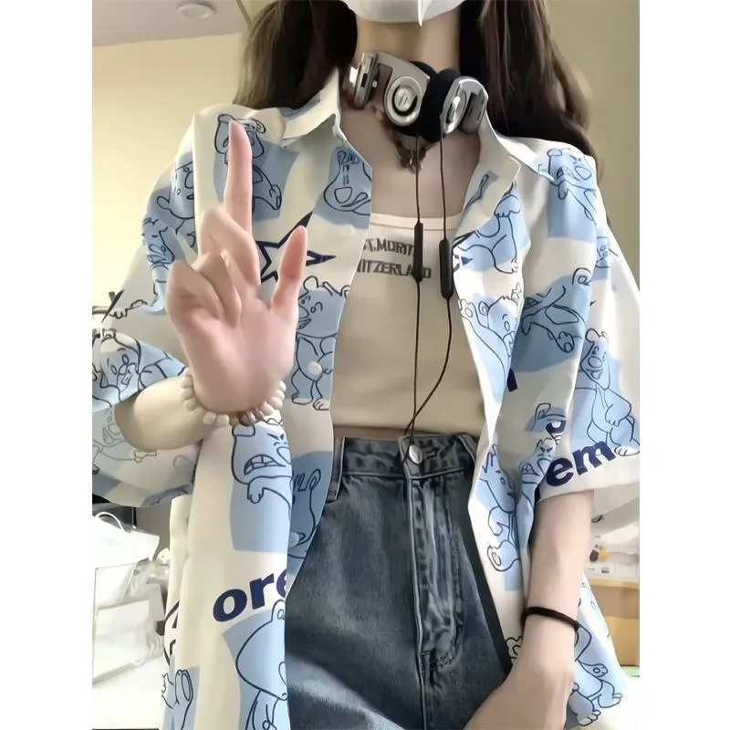 Drop Shoulder Print Cartoon Letter Shirt