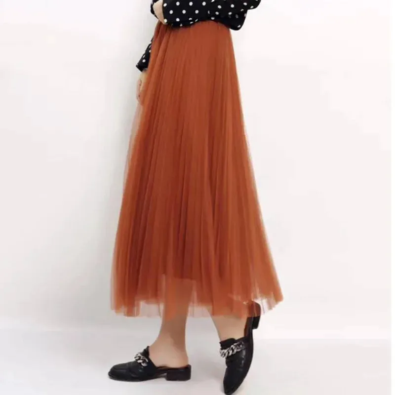 Elastic Waist 3 Layers A-line Tutu Skirt Elegant Vintage Mesh Long Tulle Skirt For Spring Autumn QT2117