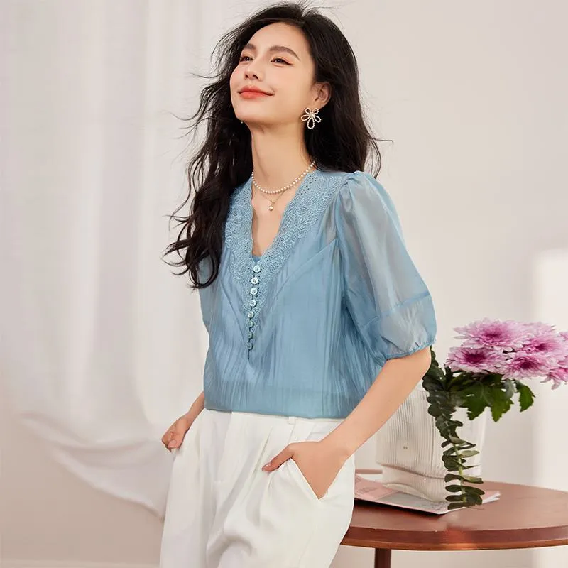 Embroidery Pullover Tencel Top V-Neck Blouse