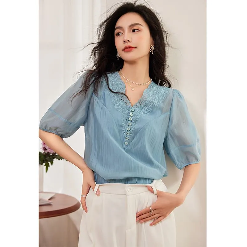 Embroidery Pullover Tencel Top V-Neck Blouse