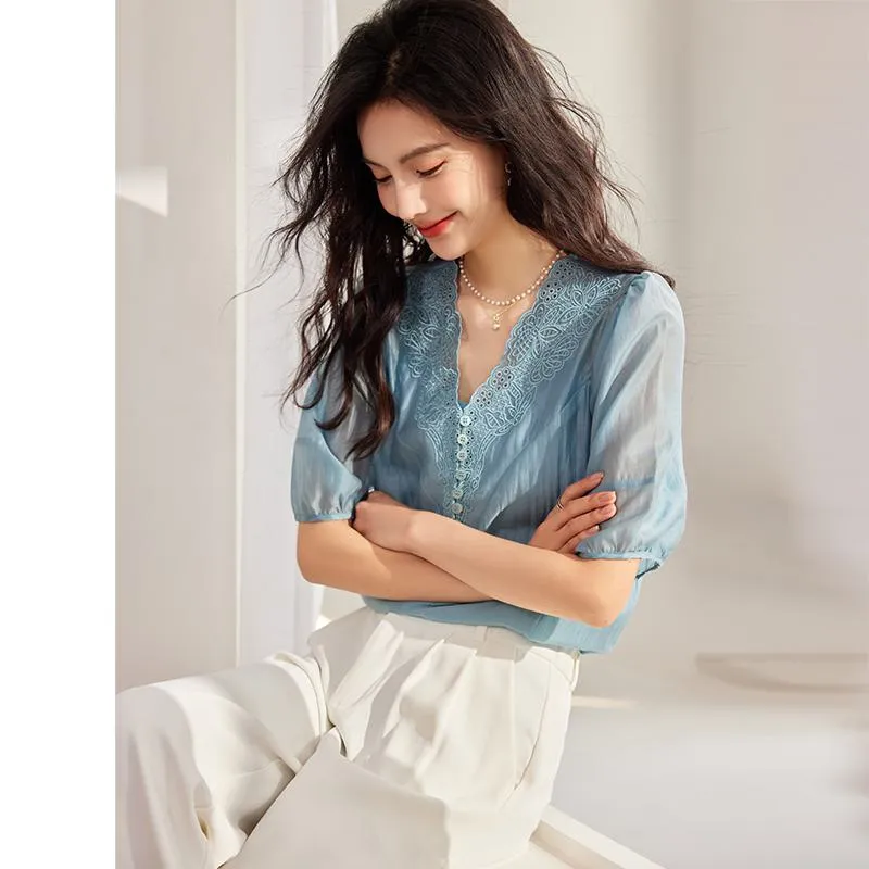 Embroidery Pullover Tencel Top V-Neck Blouse