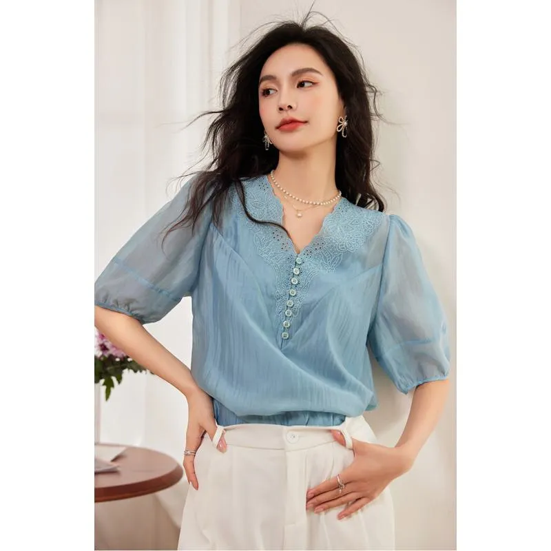 Embroidery Pullover Tencel Top V-Neck Blouse