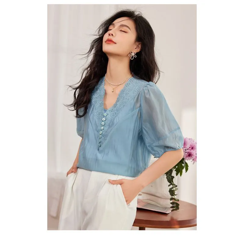 Embroidery Pullover Tencel Top V-Neck Blouse