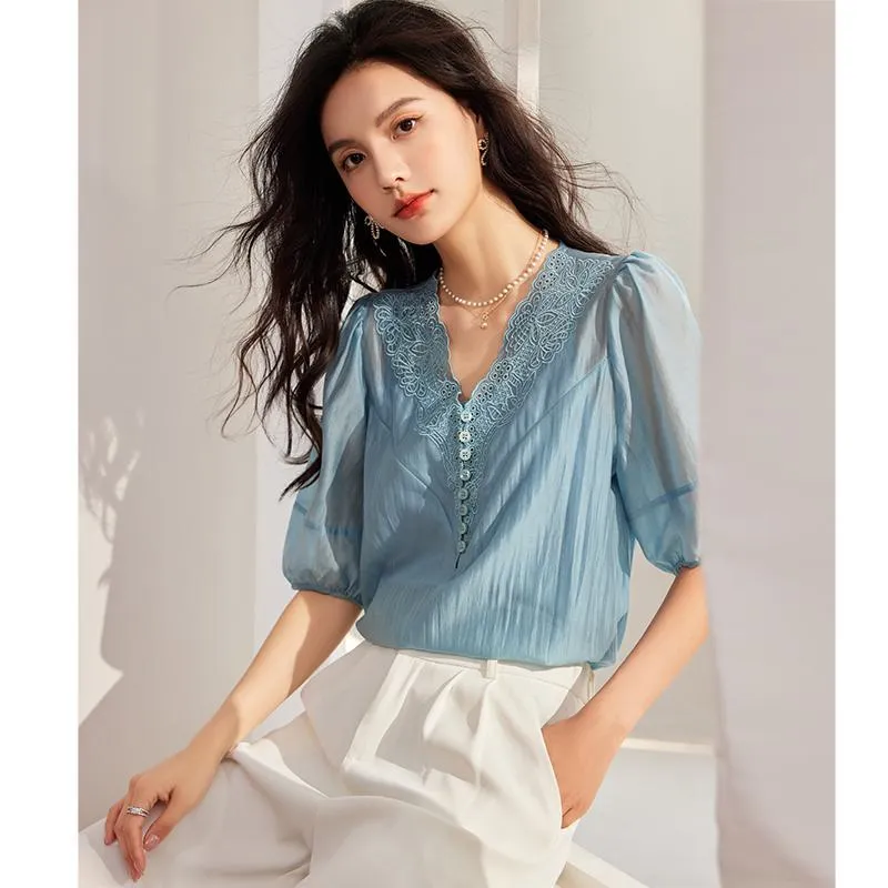 Embroidery Pullover Tencel Top V-Neck Blouse