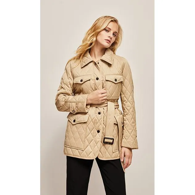 Flap Pocket Quilted Belted Puffer Jacket