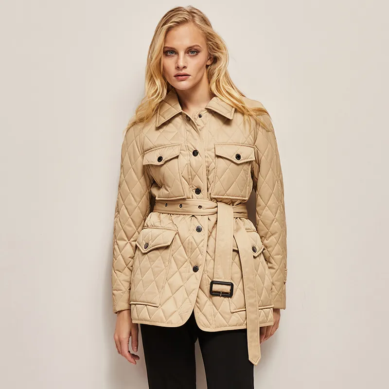 Flap Pocket Quilted Belted Puffer Jacket