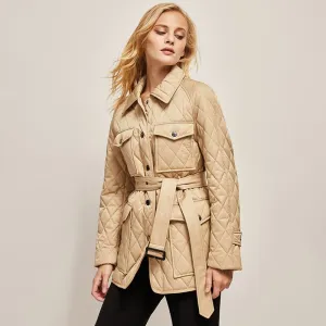 Flap Pocket Quilted Belted Puffer Jacket