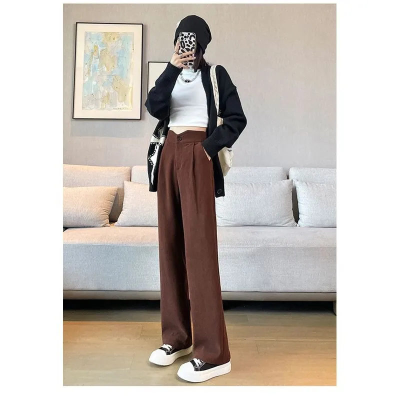 Floor-Length Casual Slimming Straight Draping High-Waisted Pants