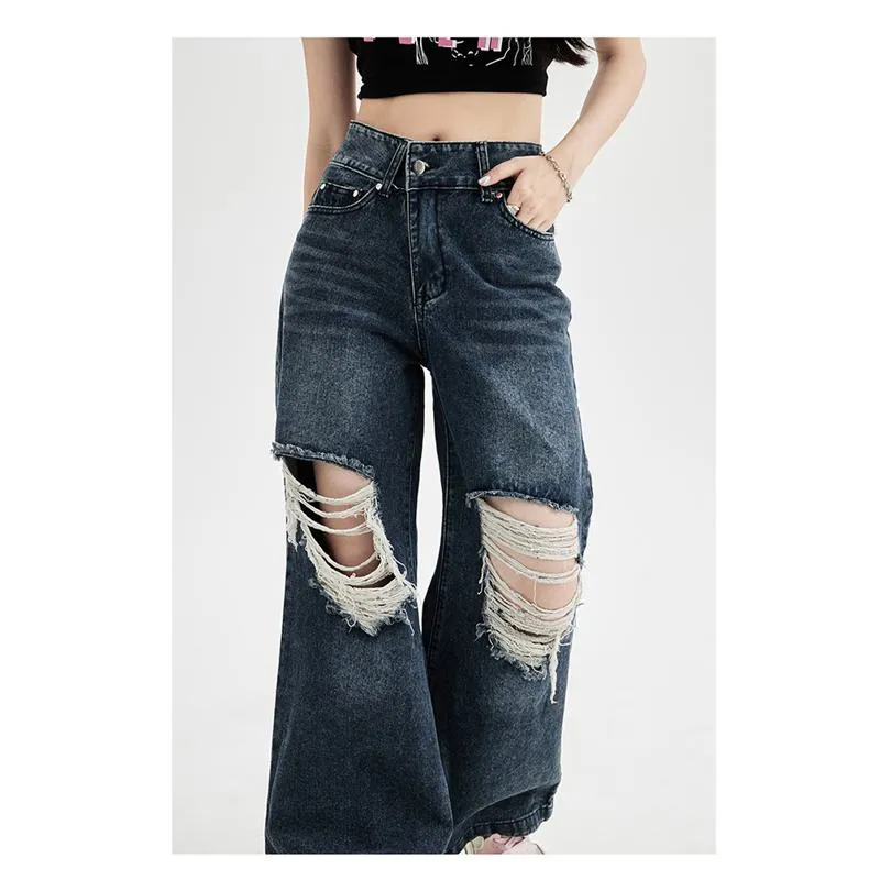 Floor-Length Distressed Loose Fit Straight High-Waisted Wide-Leg Retro Jeans