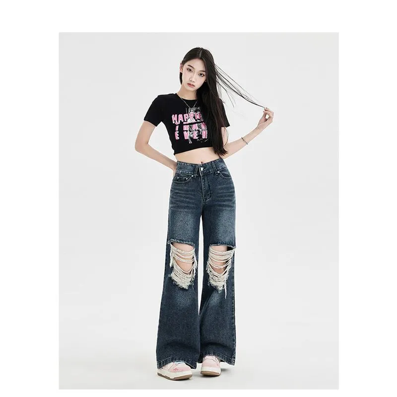 Floor-Length Distressed Loose Fit Straight High-Waisted Wide-Leg Retro Jeans