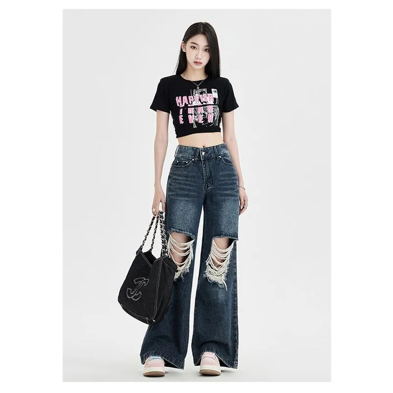 Floor-Length Distressed Loose Fit Straight High-Waisted Wide-Leg Retro Jeans