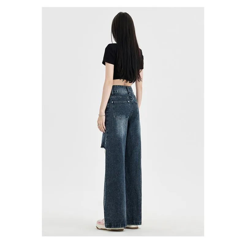 Floor-Length Distressed Loose Fit Straight High-Waisted Wide-Leg Retro Jeans