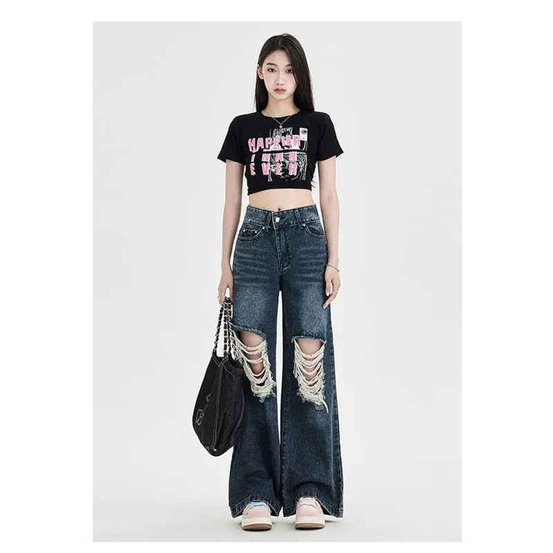 Floor-Length Distressed Loose Fit Straight High-Waisted Wide-Leg Retro Jeans