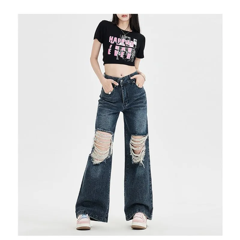 Floor-Length Distressed Loose Fit Straight High-Waisted Wide-Leg Retro Jeans