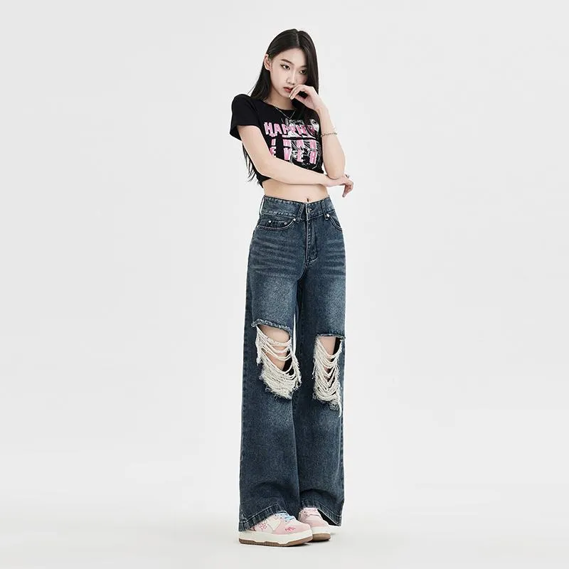 Floor-Length Distressed Loose Fit Straight High-Waisted Wide-Leg Retro Jeans