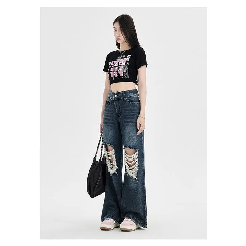 Floor-Length Distressed Loose Fit Straight High-Waisted Wide-Leg Retro Jeans