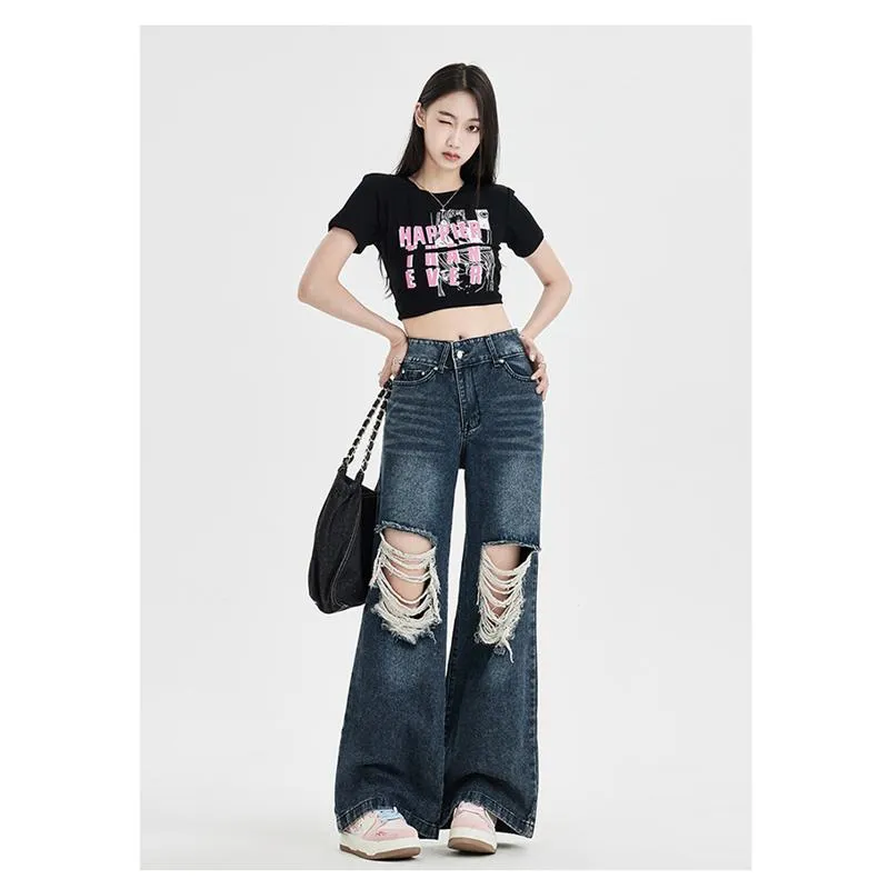 Floor-Length Distressed Loose Fit Straight High-Waisted Wide-Leg Retro Jeans