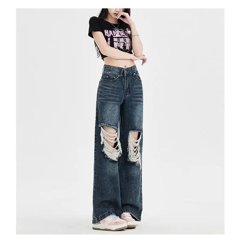 Floor-Length Distressed Loose Fit Straight High-Waisted Wide-Leg Retro Jeans