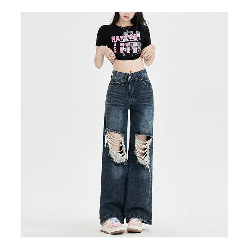 Floor-Length Distressed Loose Fit Straight High-Waisted Wide-Leg Retro Jeans