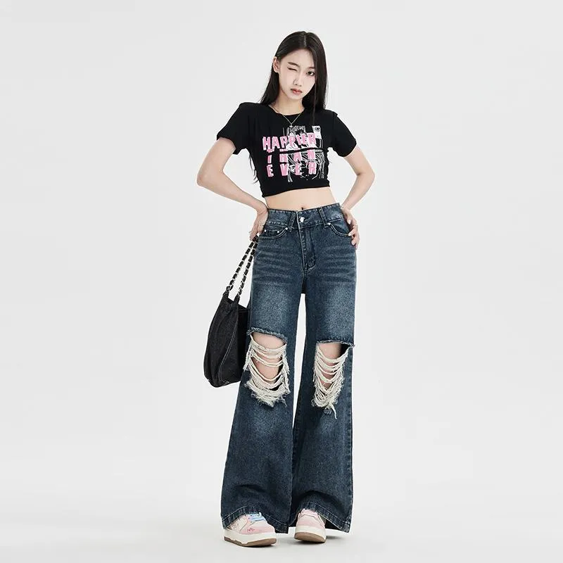 Floor-Length Distressed Loose Fit Straight High-Waisted Wide-Leg Retro Jeans