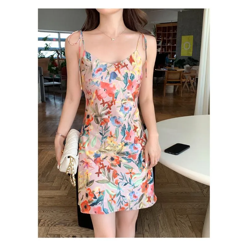 Floral Print Long Style Worn Outside Niche Slimming Dress