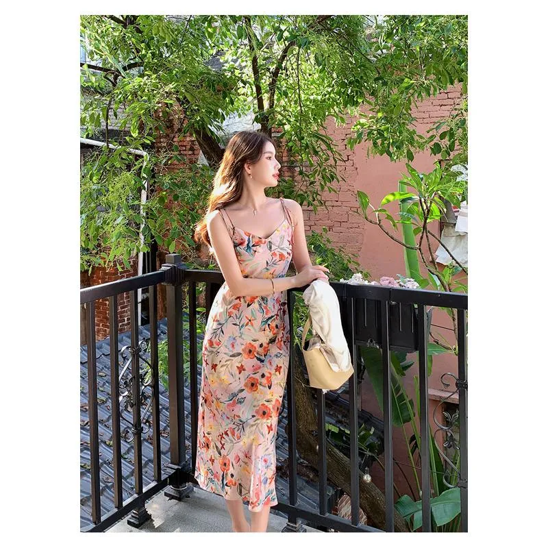 Floral Print Long Style Worn Outside Niche Slimming Dress