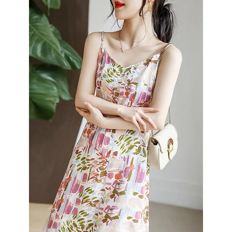 French Style Floral Print Oil Painting Print Dress