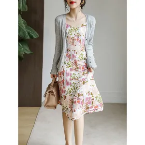 French Style Floral Print Oil Painting Print Dress