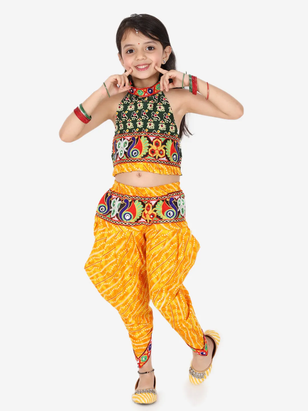 Girls Ethnic Navratri Indo-western Wear Cotton Choli Top with elastic dhoti - Yellow