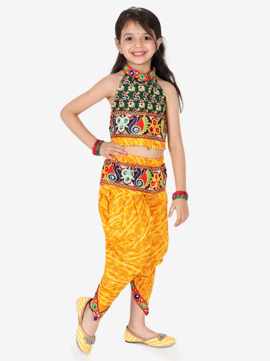 Girls Ethnic Navratri Indo-western Wear Cotton Choli Top with elastic dhoti - Yellow