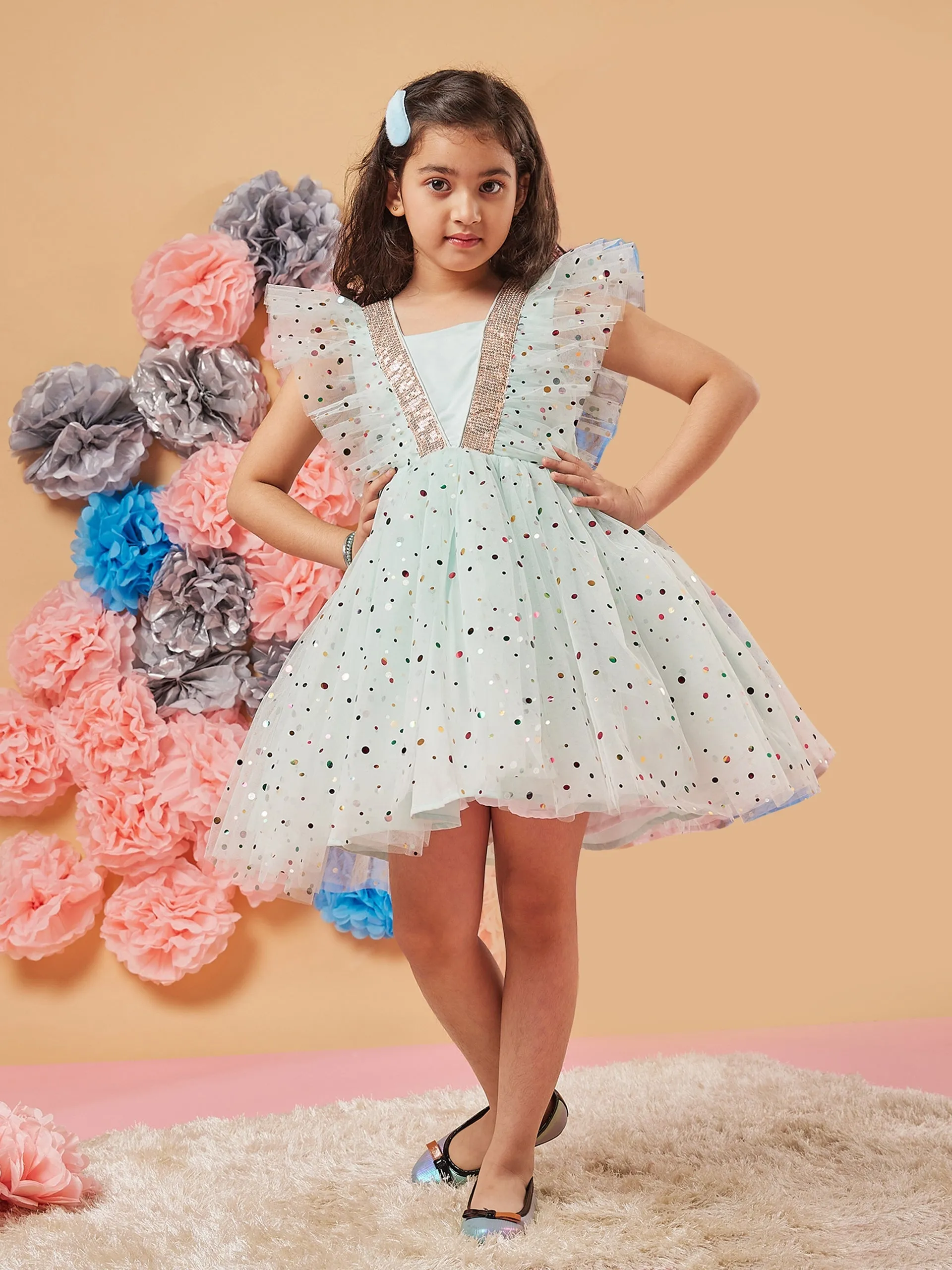 Girls Polka Dot Printed Gathered Net Fit Flare Dress