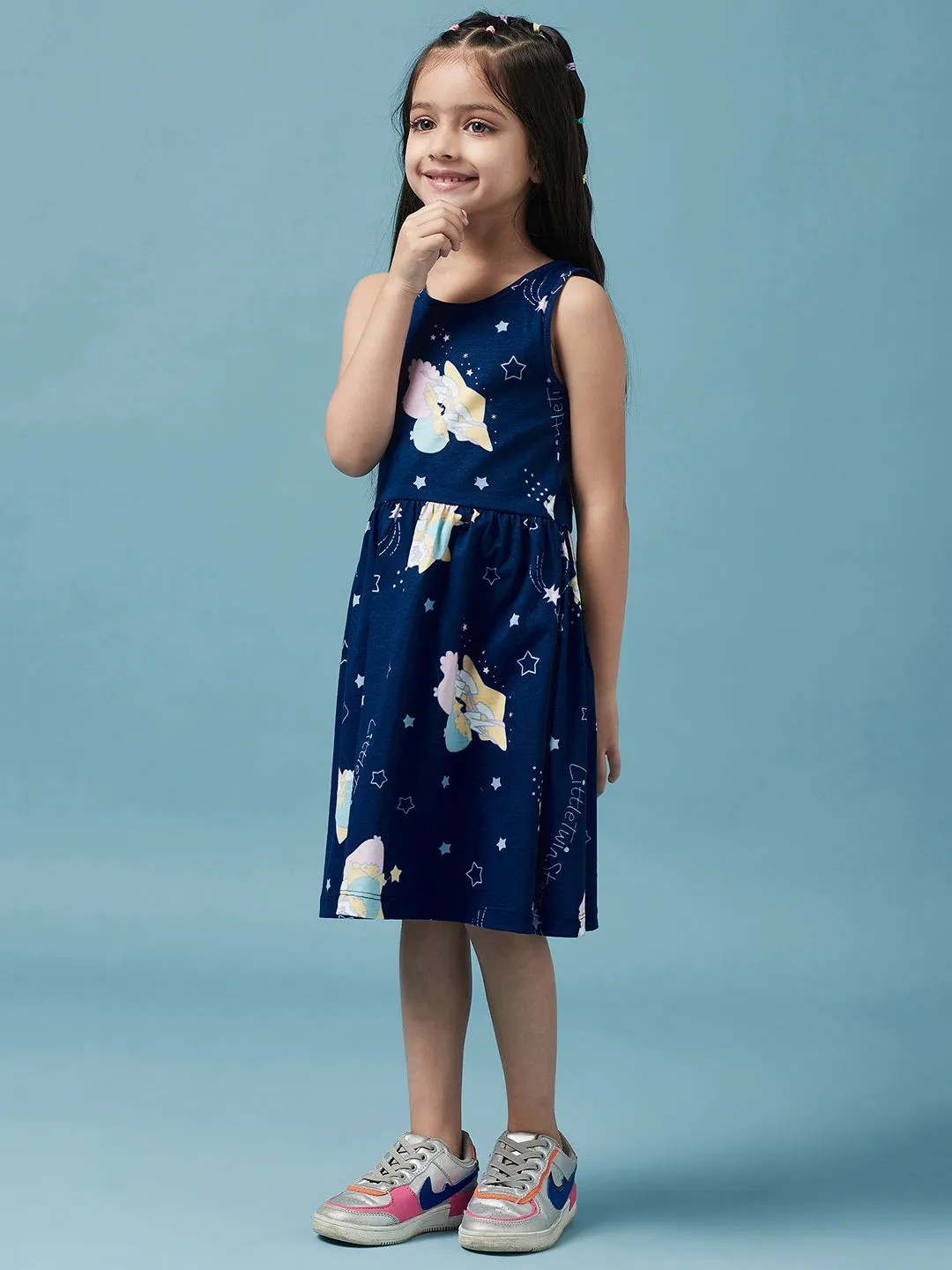 Girls Sleeveless Graphic Printed Cotton Dress