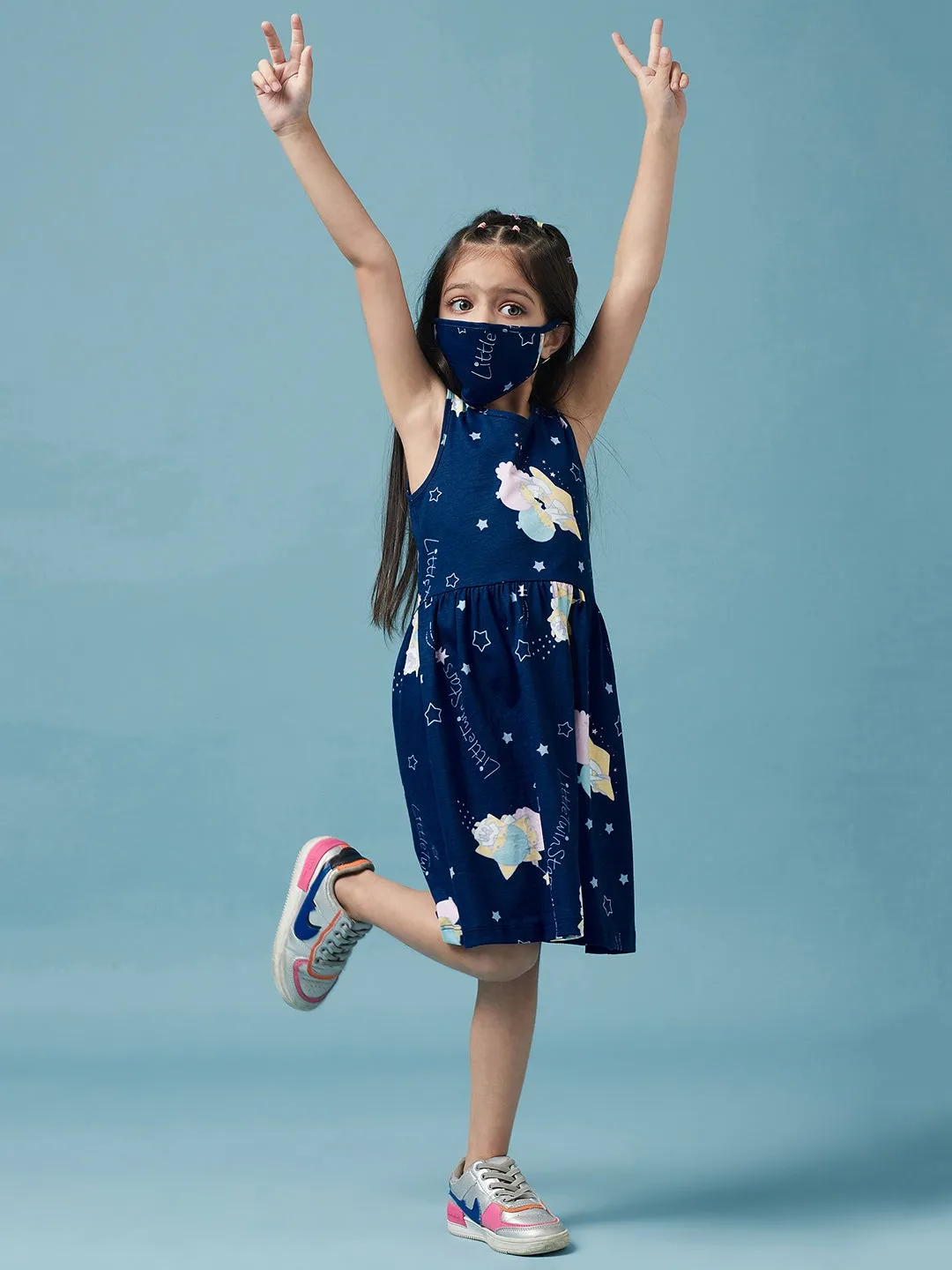 Girls Sleeveless Graphic Printed Cotton Dress