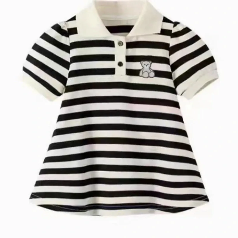 Girls Stripe Bear Polo Dress Summer Short Sleeve Flip Collar Baby Academy Style Trendy Dress Girls Aged 2-10