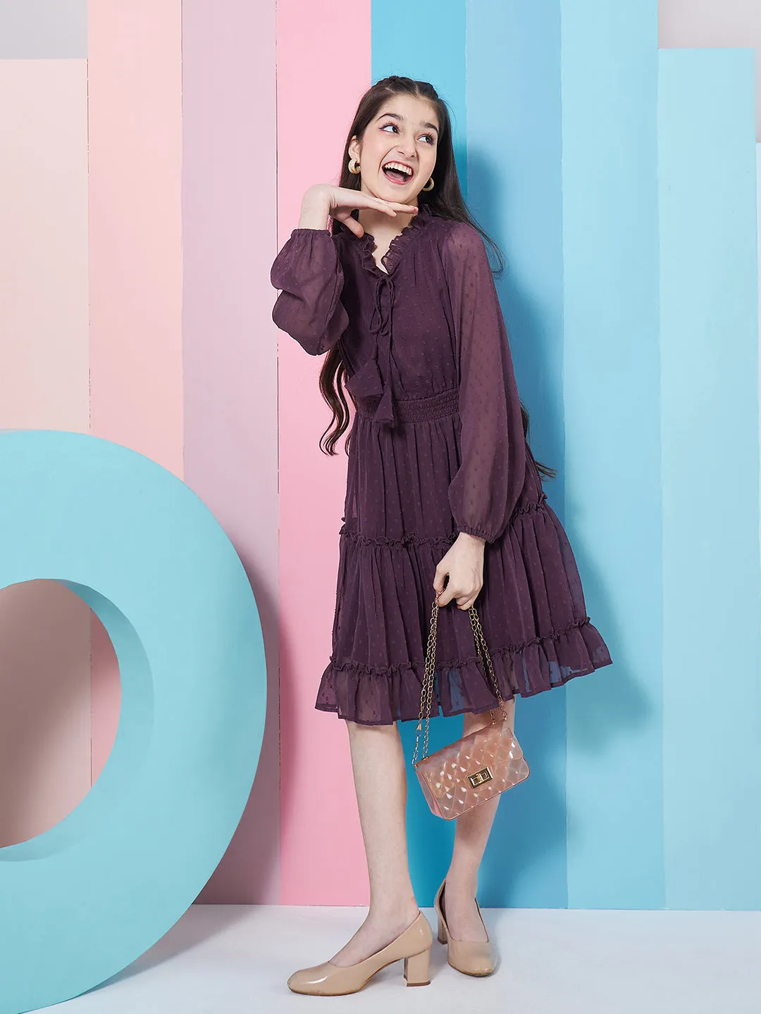 Girls V-Neck Long Sleeves Chiffon Fit Flare Dress