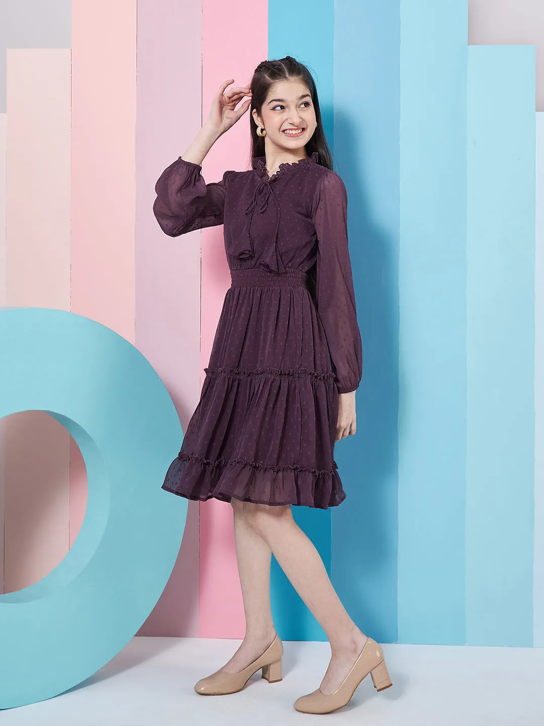 Girls V-Neck Long Sleeves Chiffon Fit Flare Dress