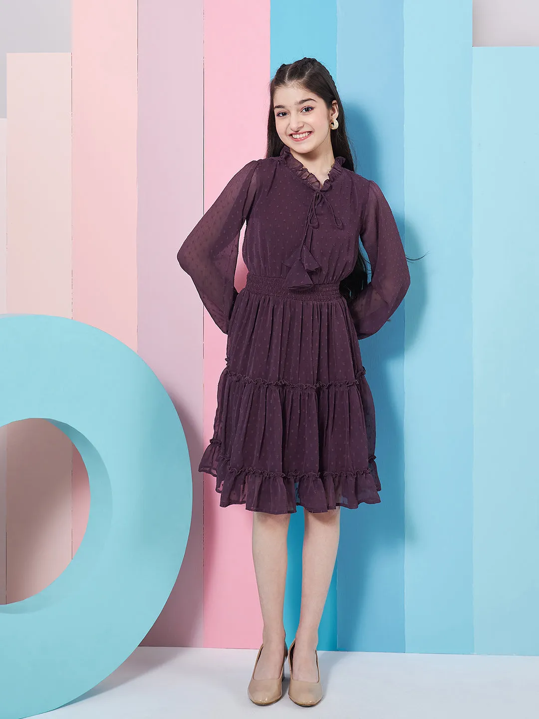 Girls V-Neck Long Sleeves Chiffon Fit Flare Dress