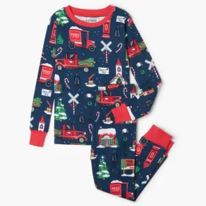 hatley navy christmas village kids pajama set