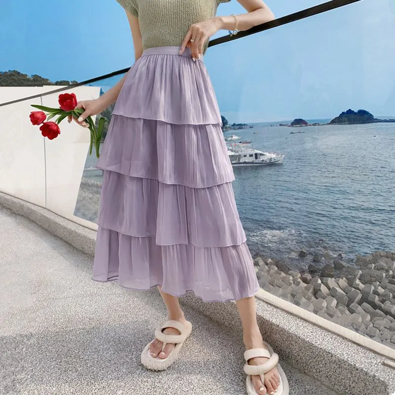 High-Waisted Glossy Pleated Pearl Luster Layered Midi Skirt