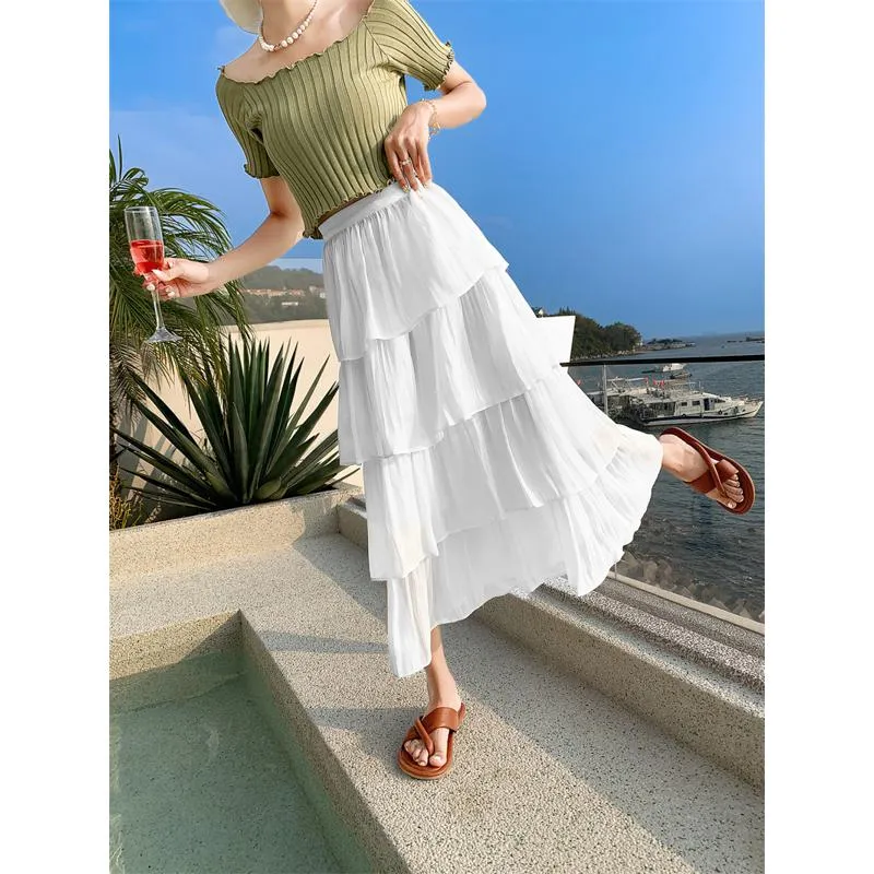 High-Waisted Glossy Pleated Pearl Luster Layered Midi Skirt