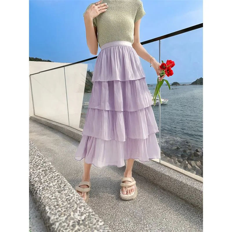 High-Waisted Glossy Pleated Pearl Luster Layered Midi Skirt