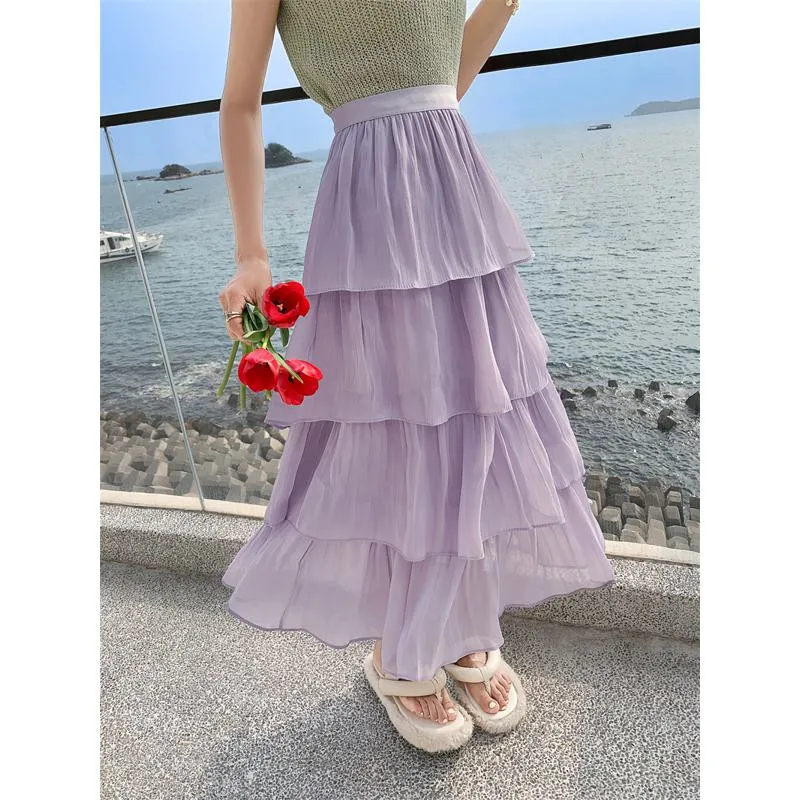 High-Waisted Glossy Pleated Pearl Luster Layered Midi Skirt